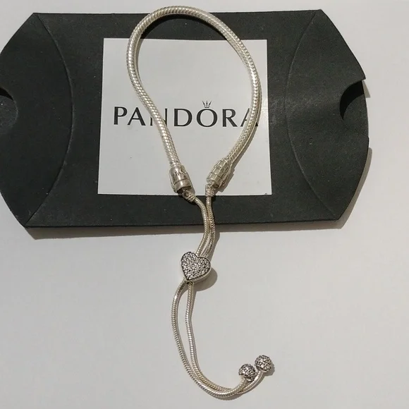 Pandora Moments Pavé Heart Clasp Snake Chain Slider Bracelet 11